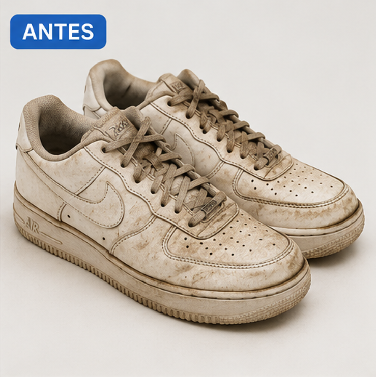 Antes — Couro branco · limpeza e higienização